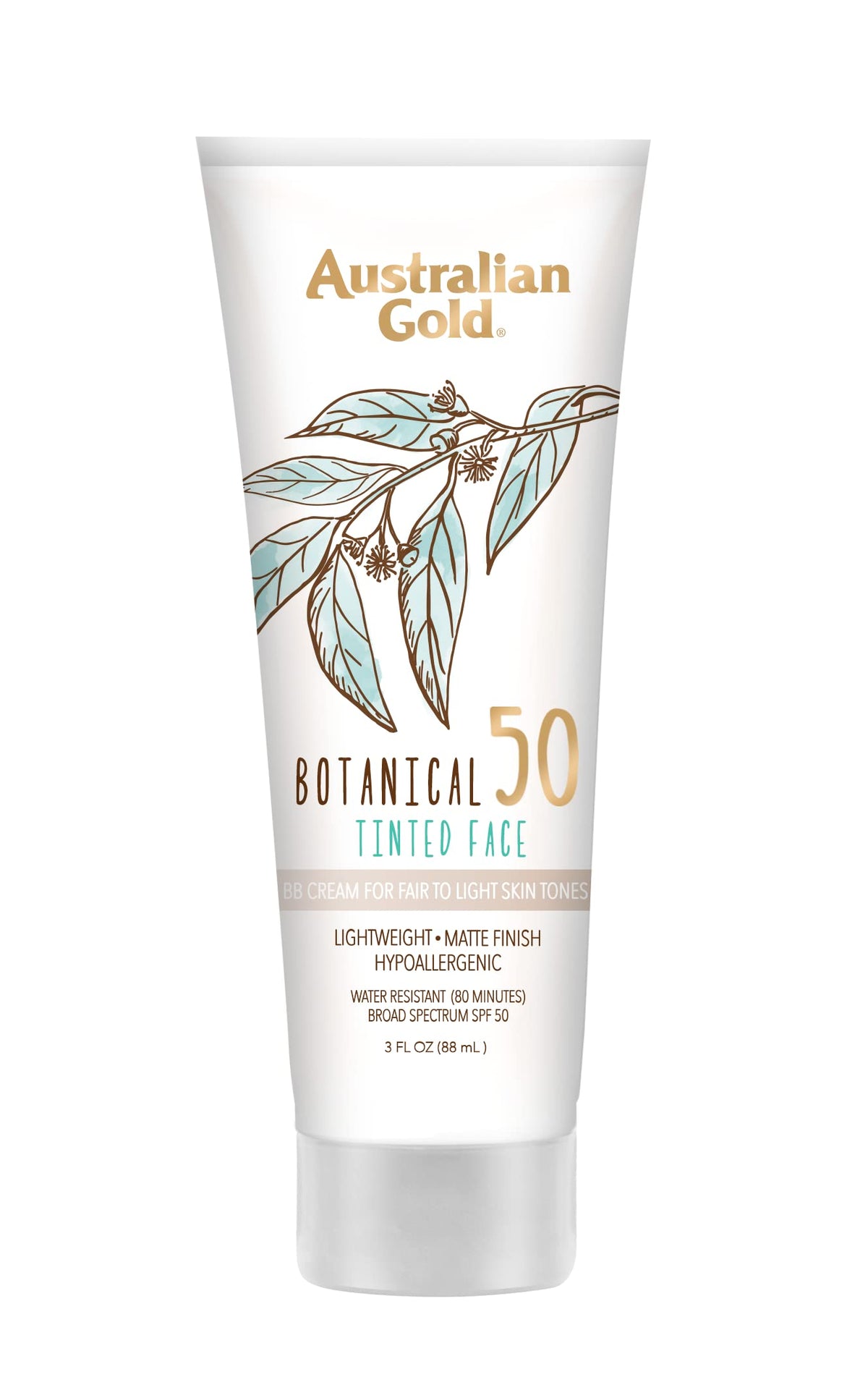 Australian Gold Botanical SPF50 tinted sunscreen bottle with mineral protection for sensitive skin.