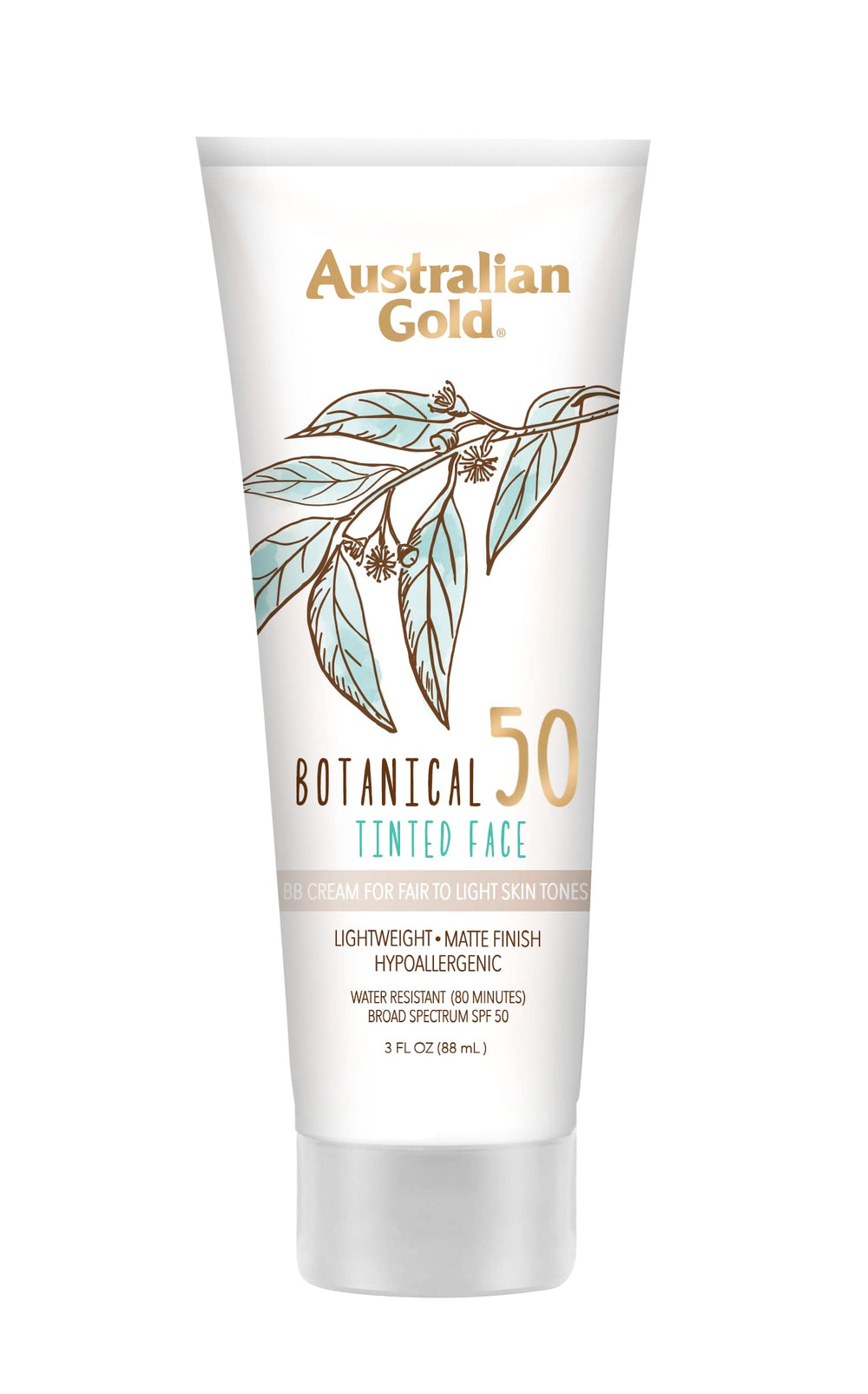 Australian Gold Botanical SPF50 tinted sunscreen bottle with mineral protection for sensitive skin.