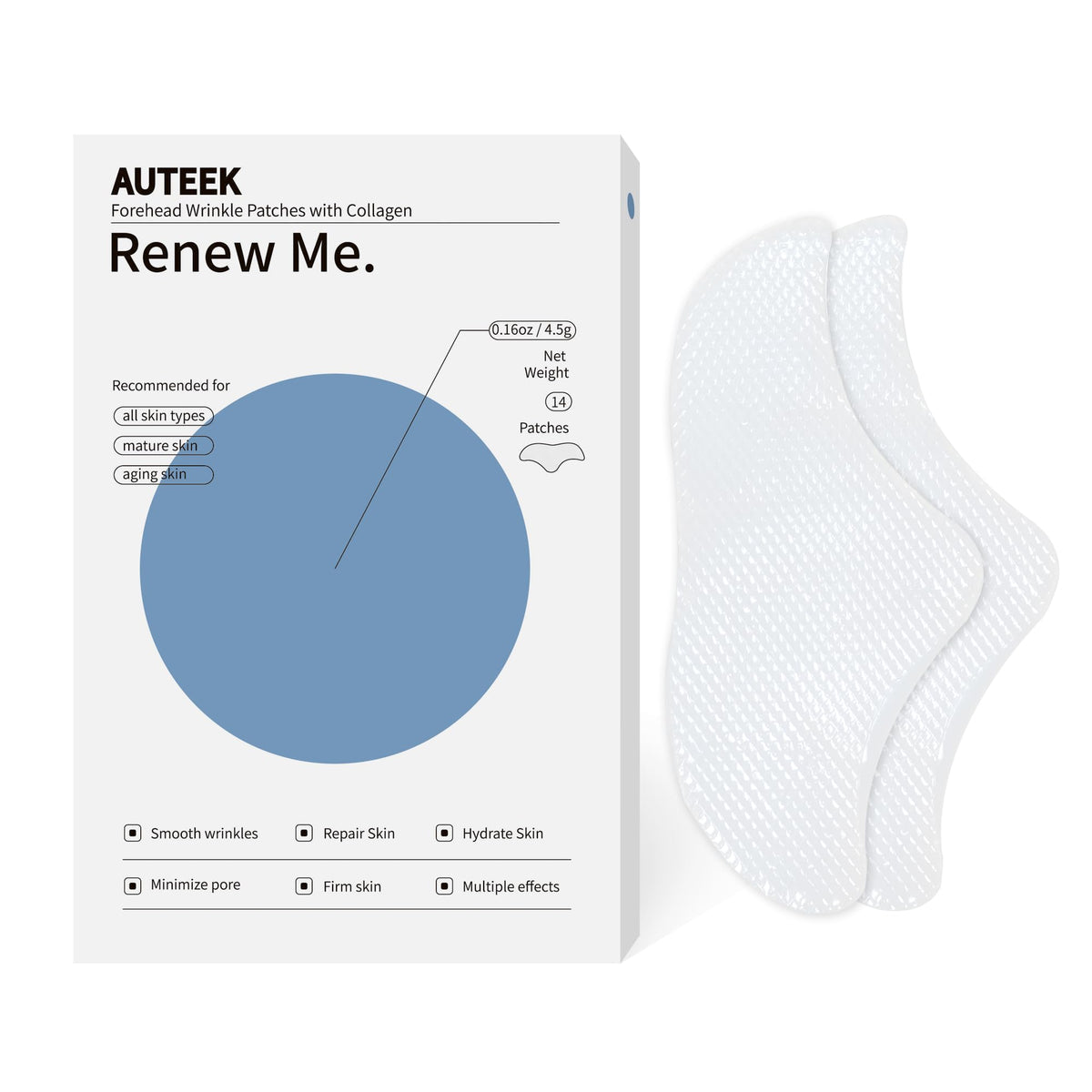 Auteek Forehead Wrinkle Patches Overnight packaging—easy, comfortable wear for overnight hydration.