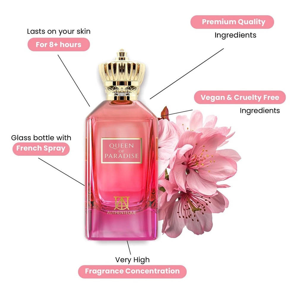 Authenteque Queen of Paradise bottle closeup label highlights fragrance strength