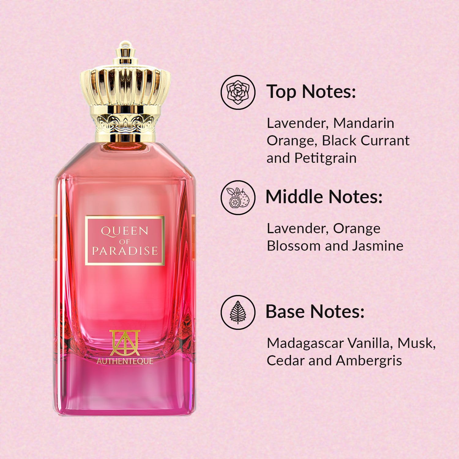 Authenteque Queen of Paradise ingredients graphic highlights vegan, cruelty-free formula
