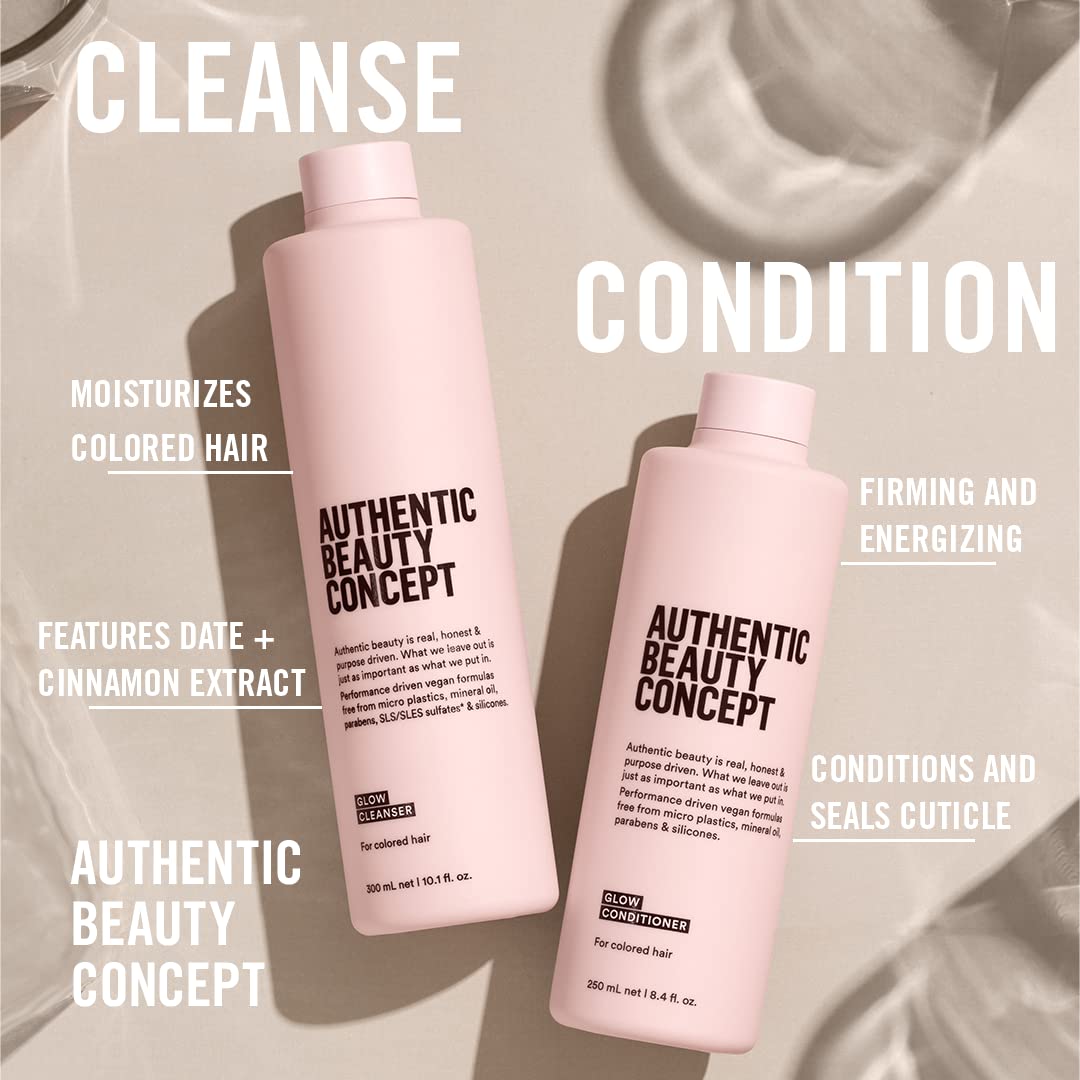 Authentic Beauty Concept Glow Cleanser bottle back highlights vegan, sulfate-free formula.
