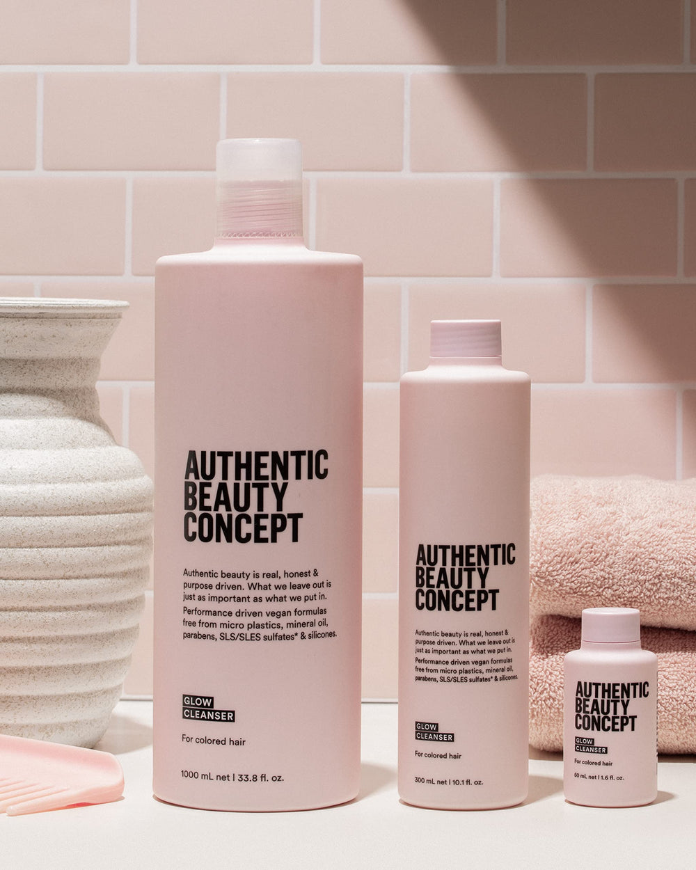 Authentic Beauty Concept Glow Cleanser rice extract focus suggests strengthening color-treated hair.