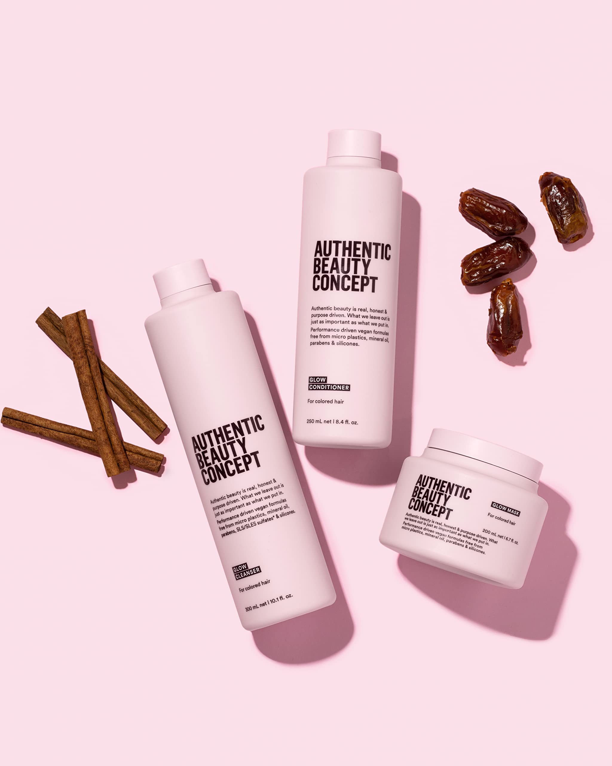 Authentic Beauty Concept Glow Conditioner vegan cruelty-free seal highlights ethical beauty standards.