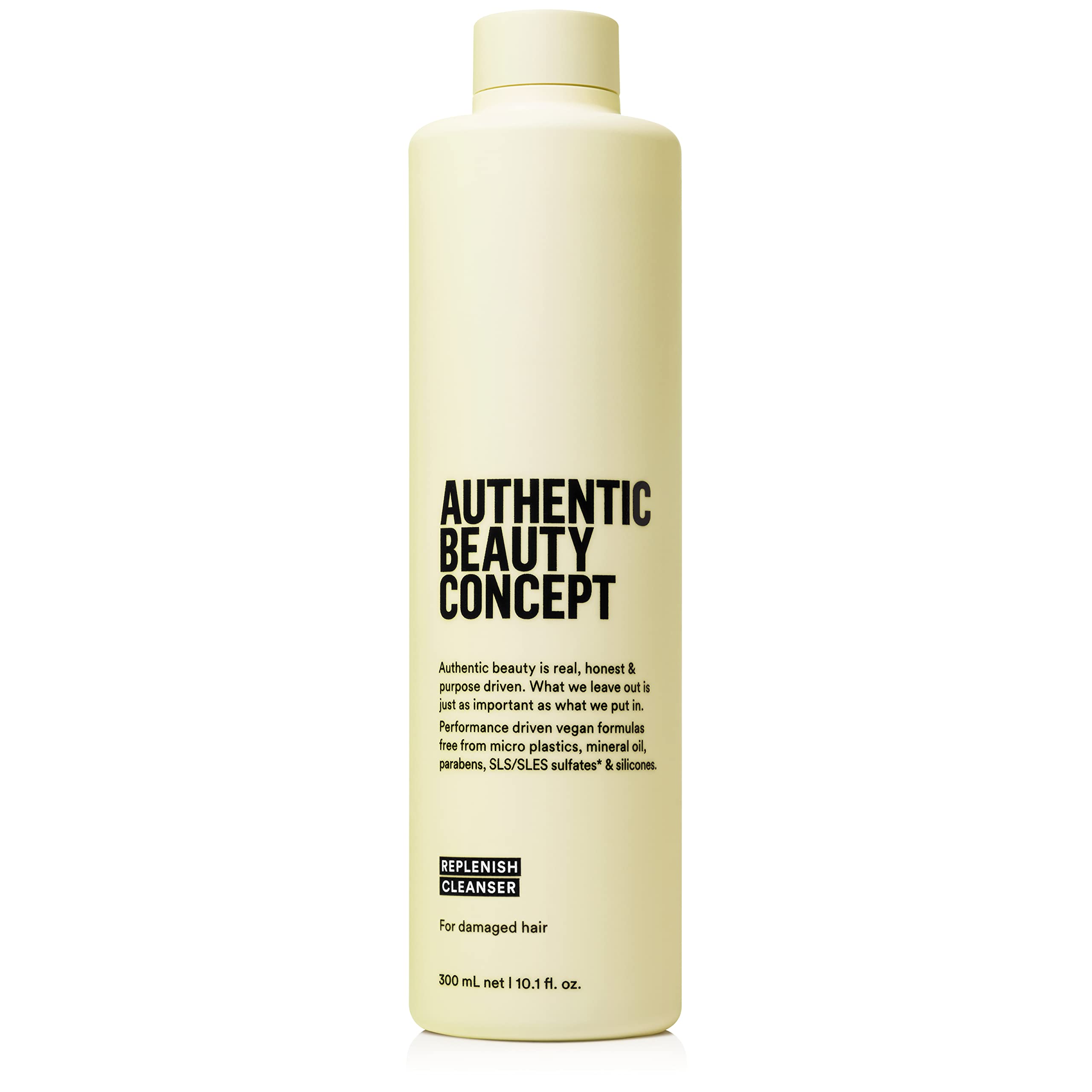 Authentic Beauty Concept Replenish Cleanser bottle shows nourishing formula for damaged hair