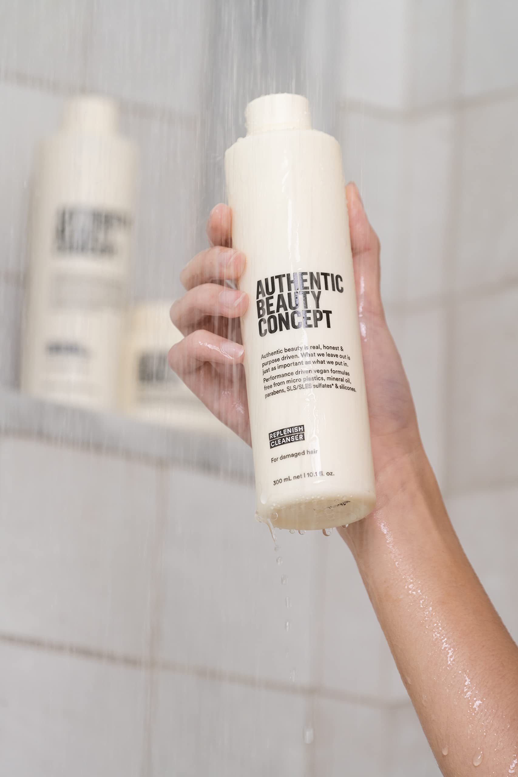 Vegan label on Replenish Cleanser signals cruelty-free hair care