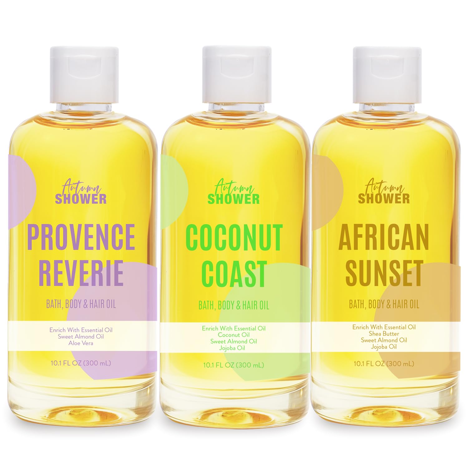 Autumn Shower Sweet Almond bath oil bottle for moisturized skin.