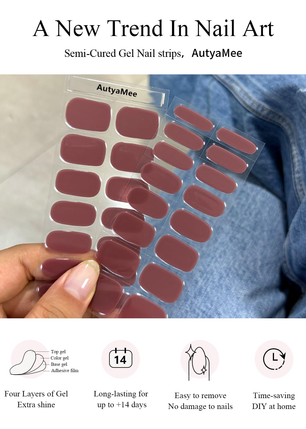 AutyaMee Fall Mauve gel strips on nails for quick polish look.
