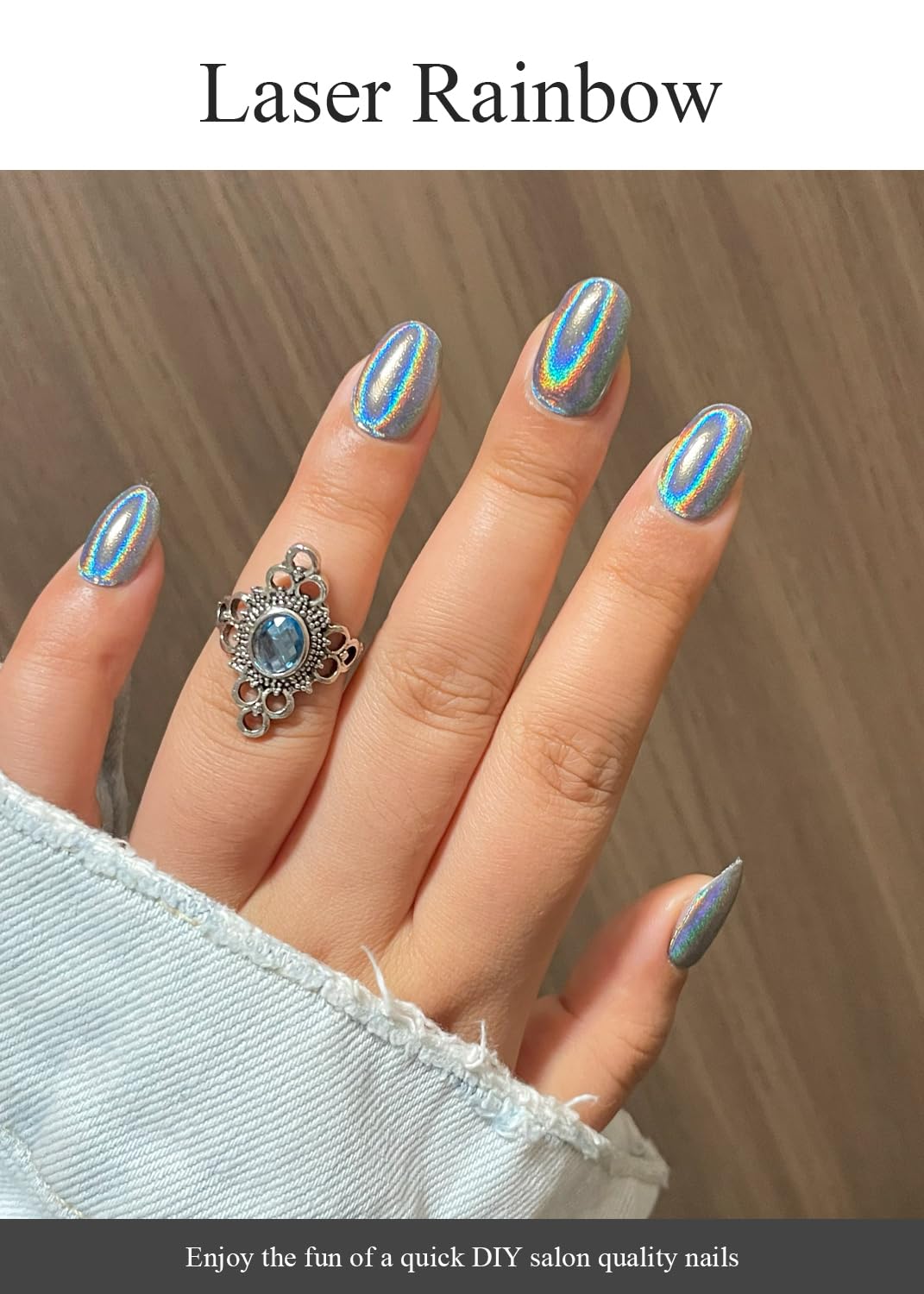 AutyaMee holographic chrome nail wrap showing reflective shine for easy at-home manicure.