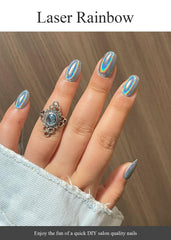 AutyaMee holographic chrome nail wrap showing reflective shine for easy at-home manicure.