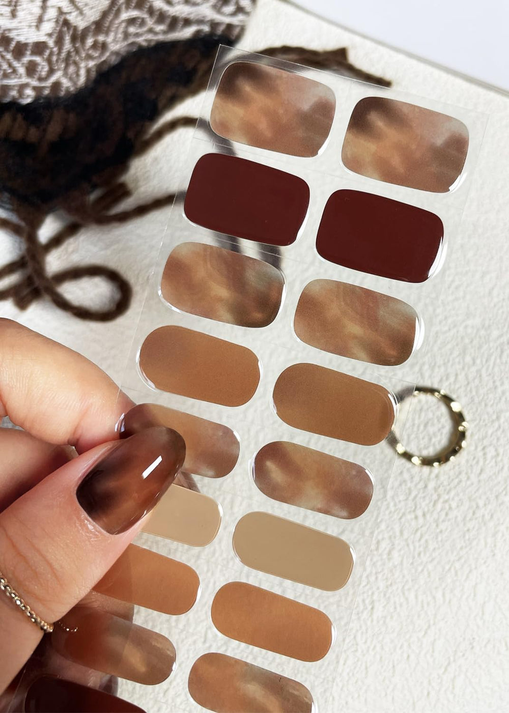 AutyaMee semi-cured nail strips brown closeup flexible for DIY manicure