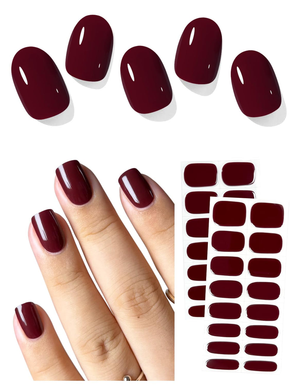 AutyaMee semi-cured nail strips wine red N02 on box for lasting salon-style nails