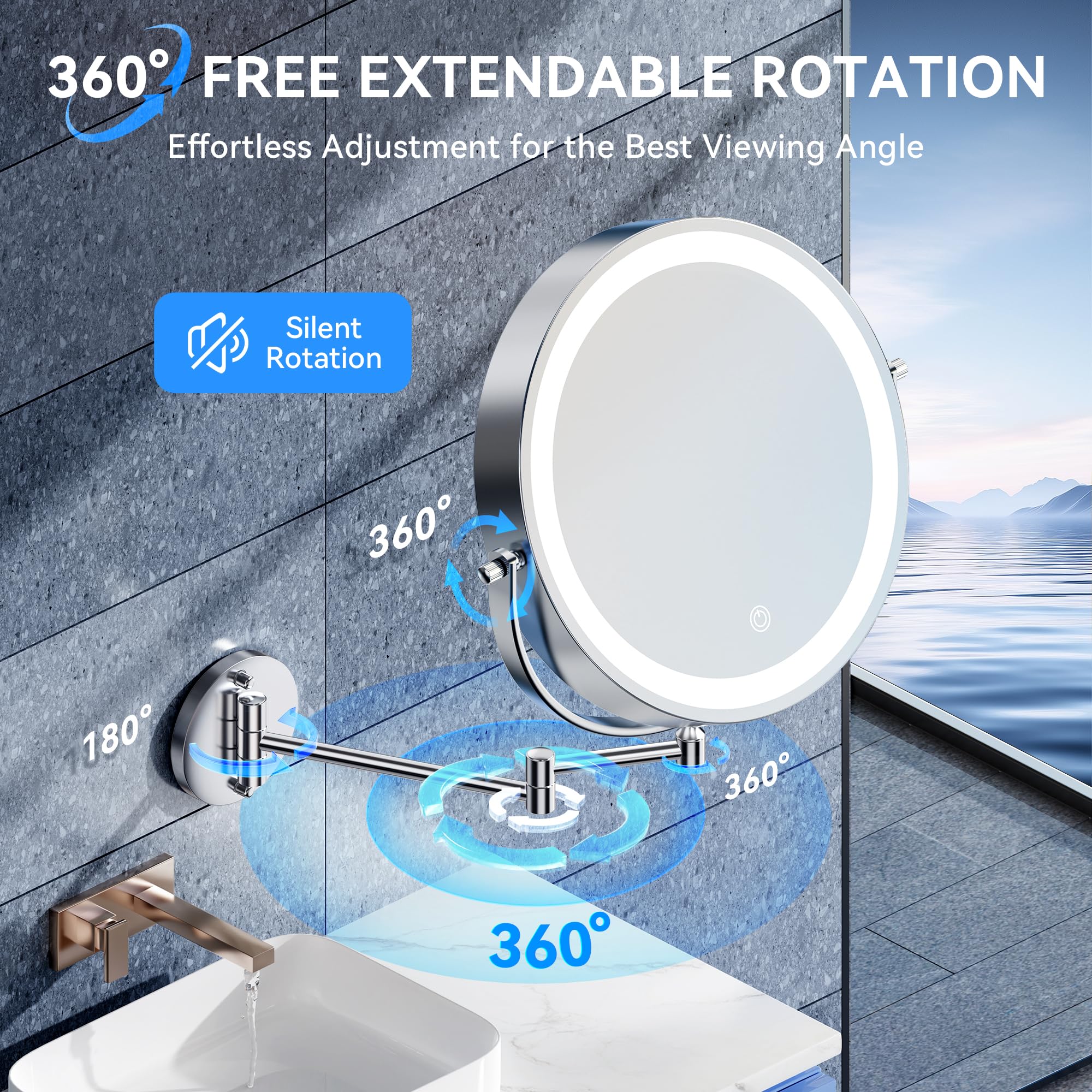 Auxmir 360-degree rotation with extendable arm for flexible positioning.