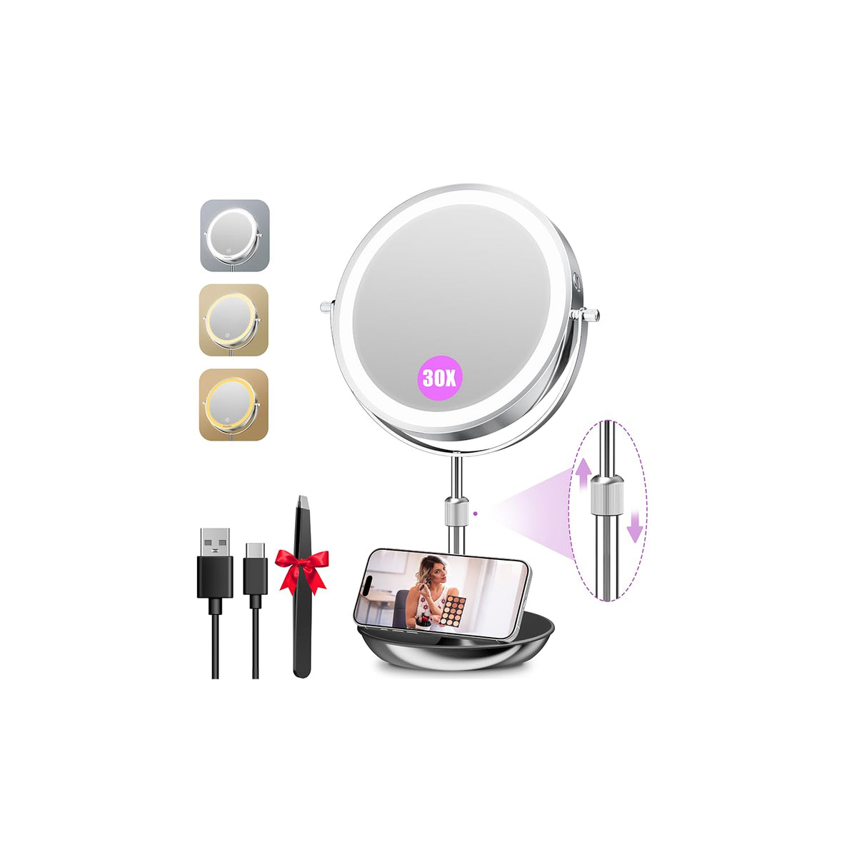 Auxmir large makeup mirror dual-sided with 1x and 30x for everyday and detailed tasks.