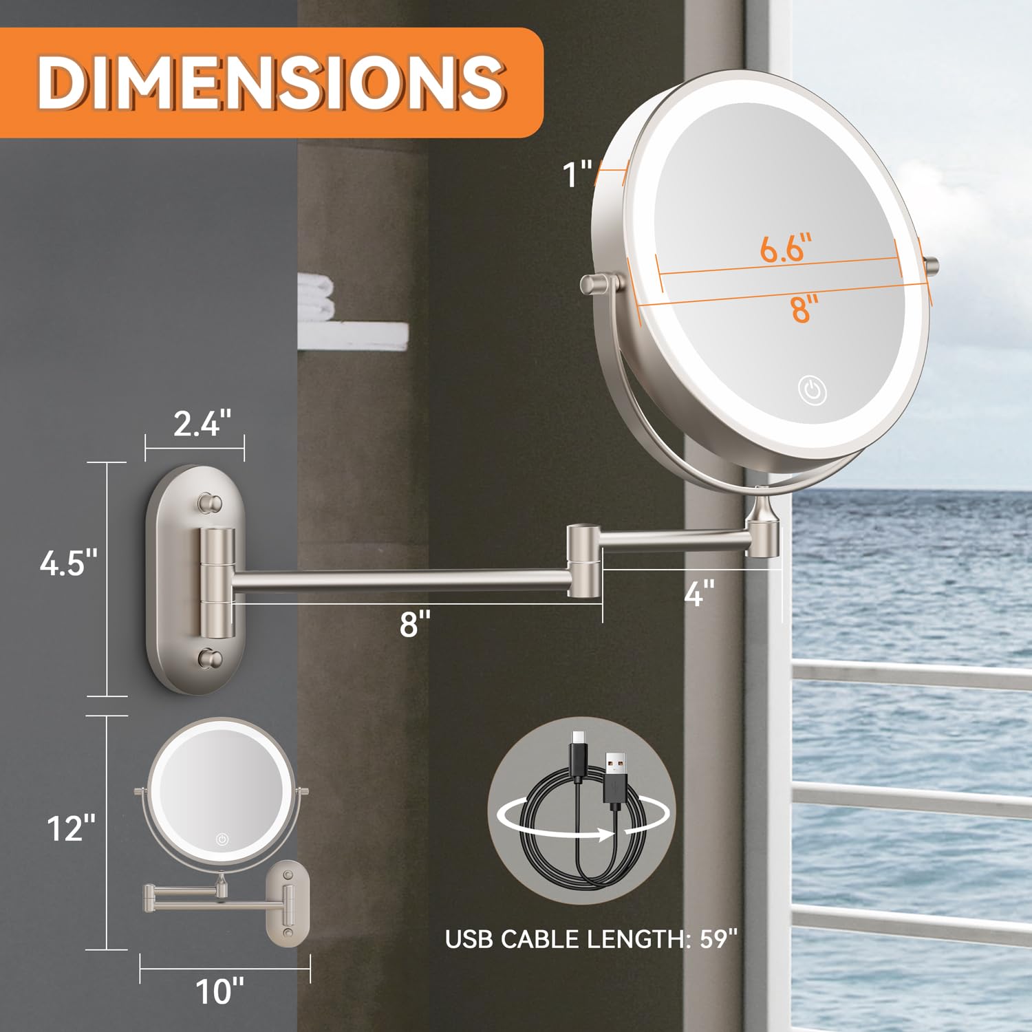 Auxmir makeup mirror extended arm shows a 14.5-inch reach for flexible viewing.