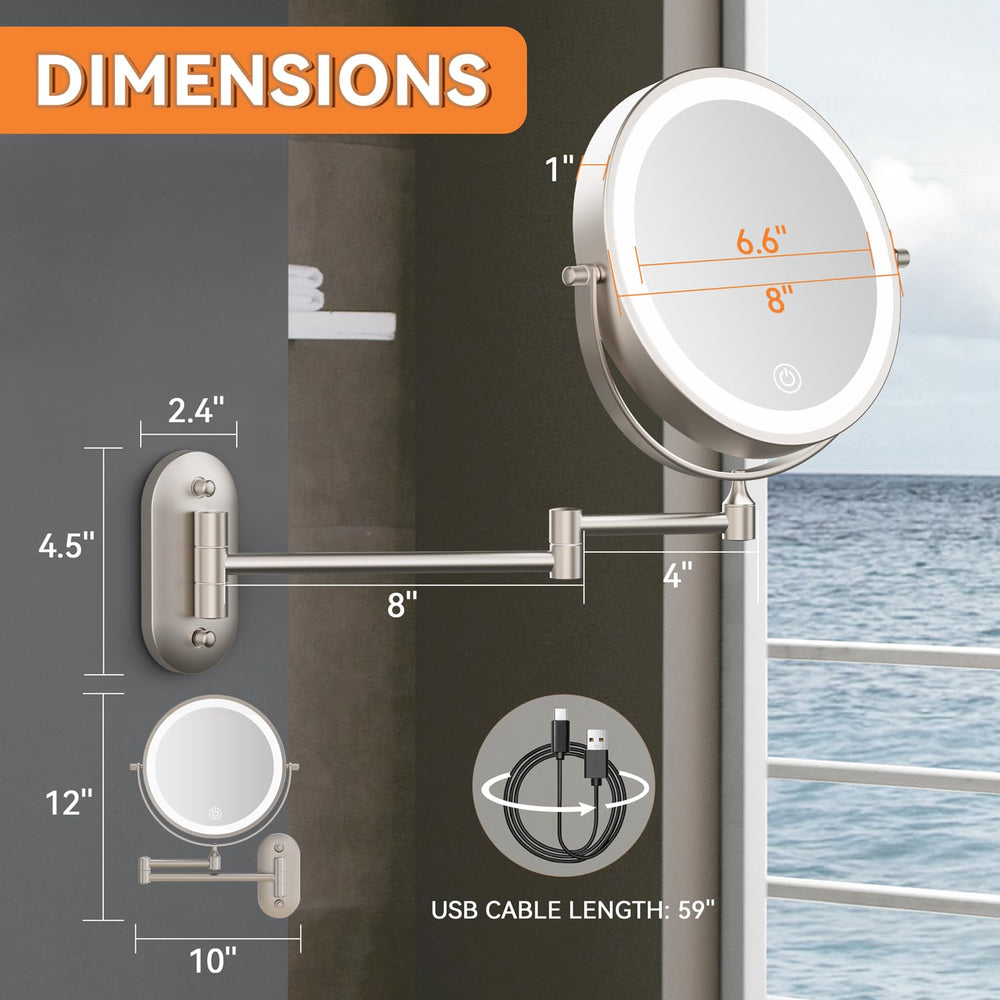 Auxmir makeup mirror extended arm shows a 14.5-inch reach for flexible viewing.