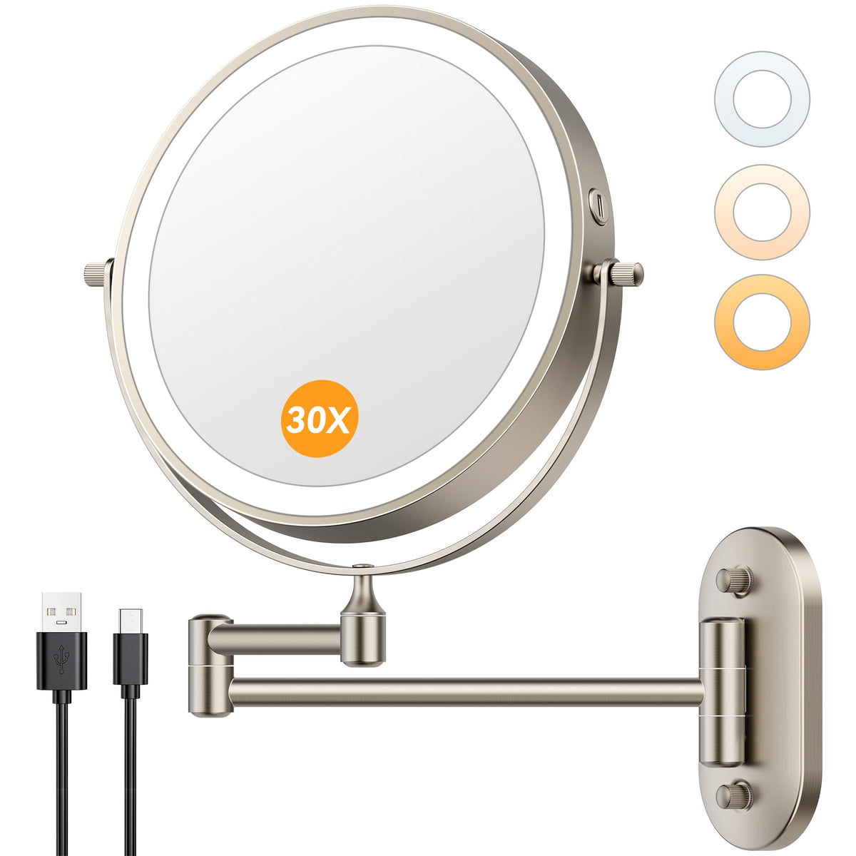Auxmir makeup mirror front view in brushed nickel for easy daily grooming.