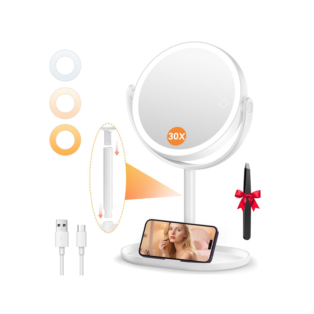 Auxmir makeup mirror with lights showing double-sided 30x/1x magnification for precise makeup