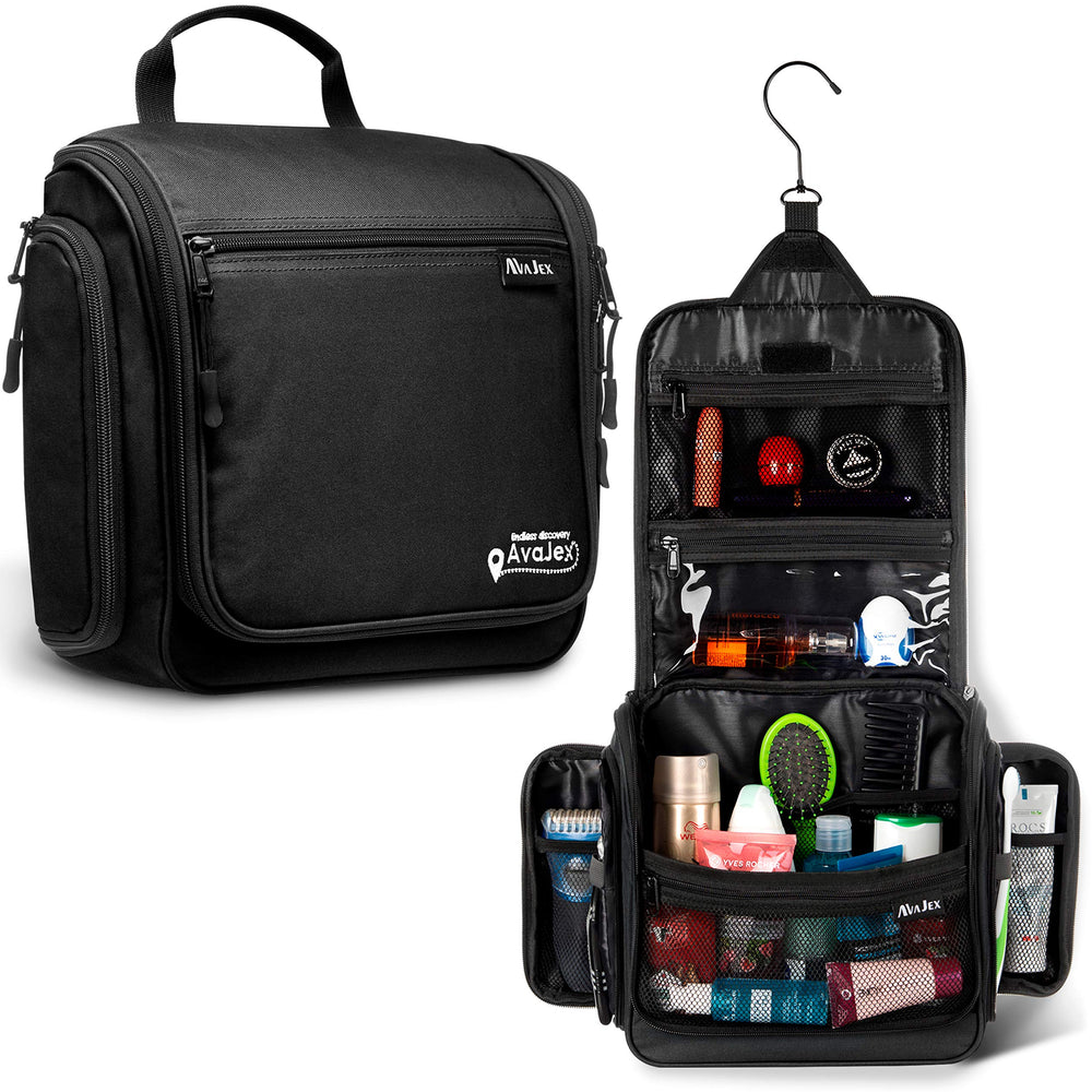 AvaJex travel toiletry bag hanging hook shows organized storage for easy access on trips.