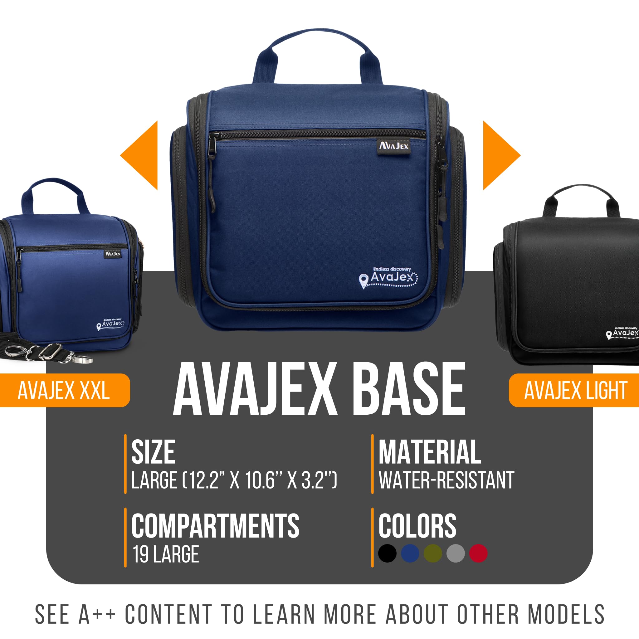 AvaJex travel toiletry bag inside layout shows organized compartments for toiletries