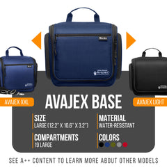 AvaJex travel toiletry bag inside layout shows organized compartments for toiletries