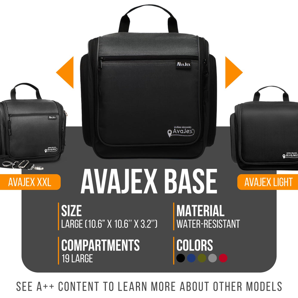 AvaJex travel toiletry bag open compartments reveal neat organization for toiletries.