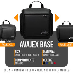 AvaJex travel toiletry bag open compartments reveal neat organization for toiletries.