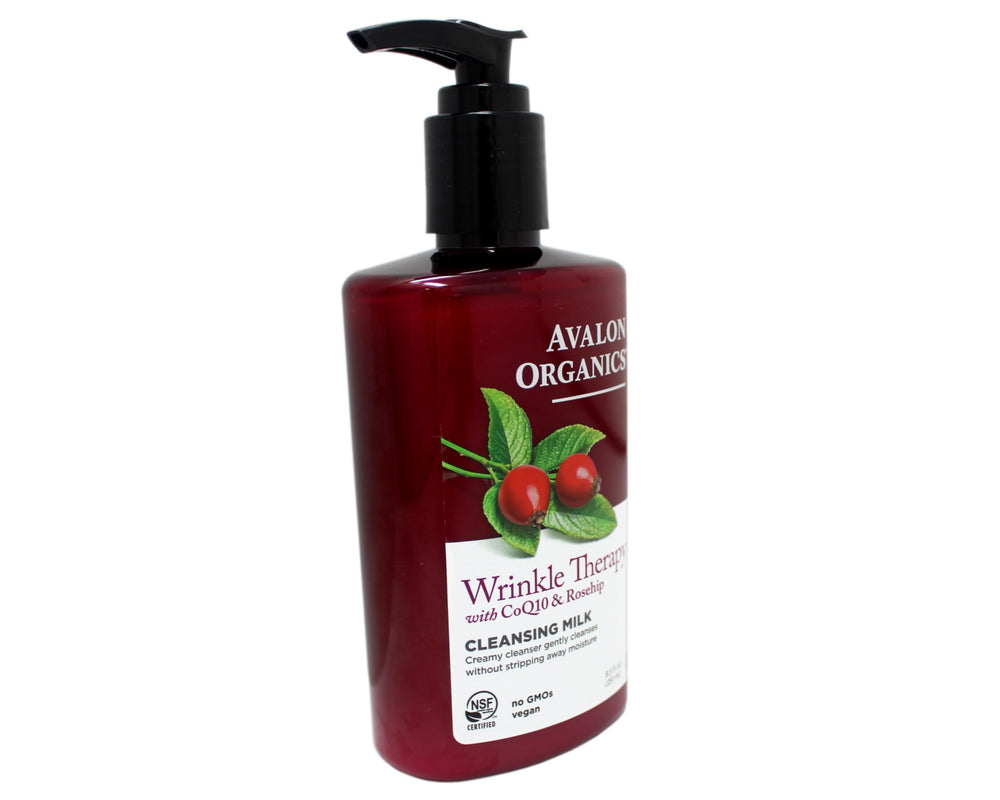 Avalon Organics CoQ10 cleansing milk ingredients label highlighting organic botanicals.