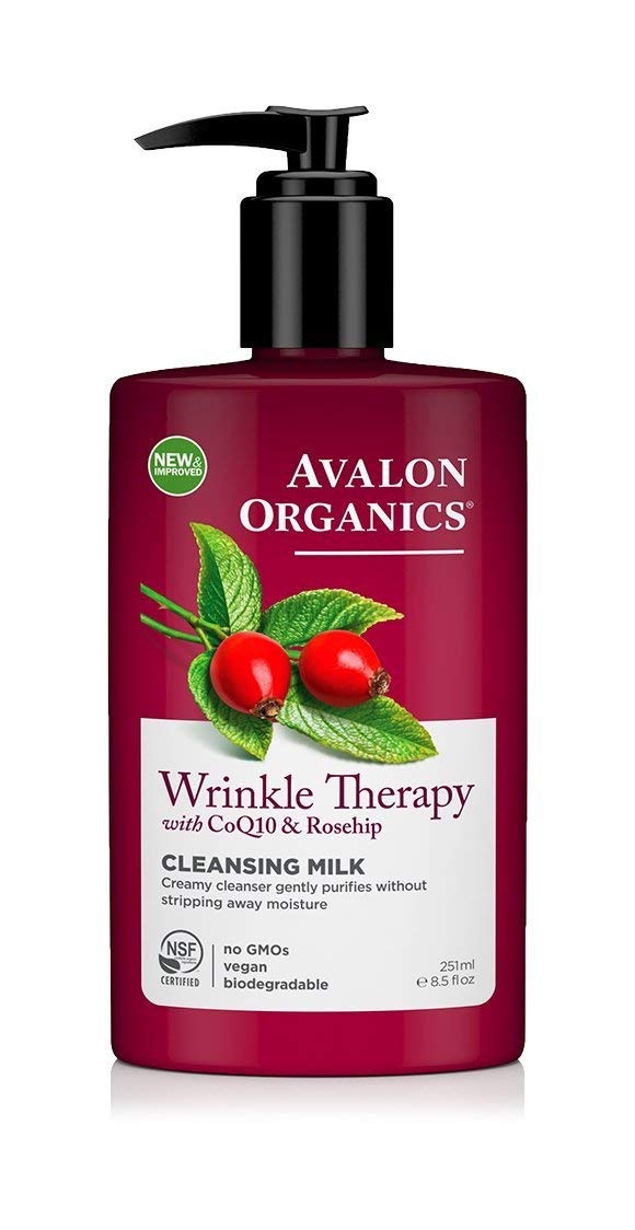 Avalon Organics CoQ10 Wrinkle Therapy cleanser bottle for mature skin, delivers gentle hydration and cleansing.