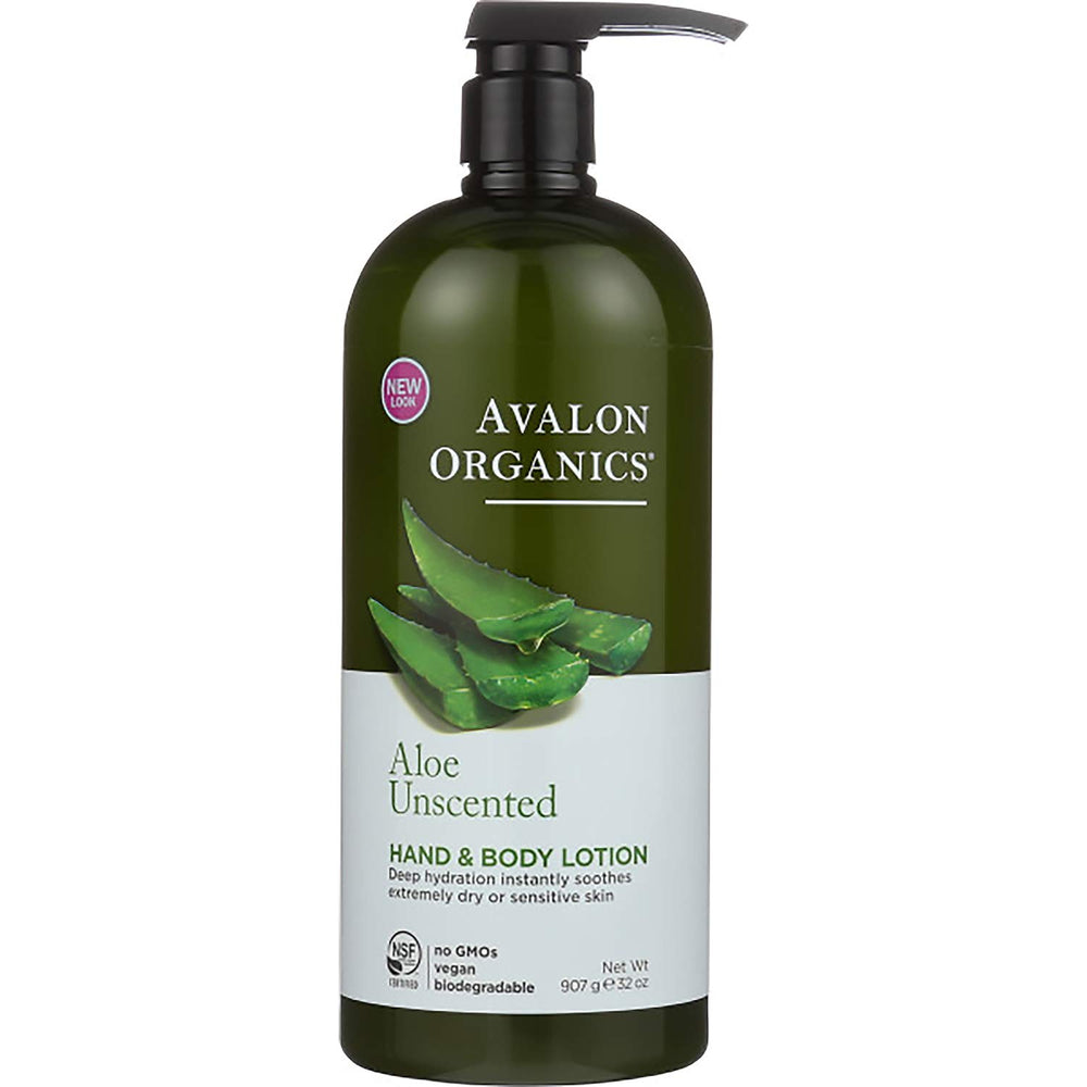 Avalon Organics Hand & Body Lotion Aloe Unscented bottle front shows fragrance-free hydration for sensitive skin.