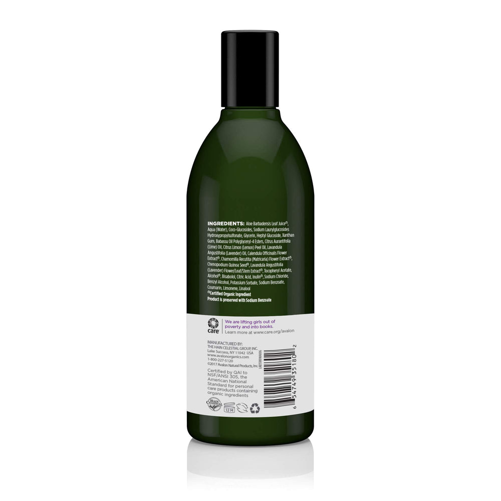 Avalon Organics lavender petals image suggests soothing aromatherapy during shower