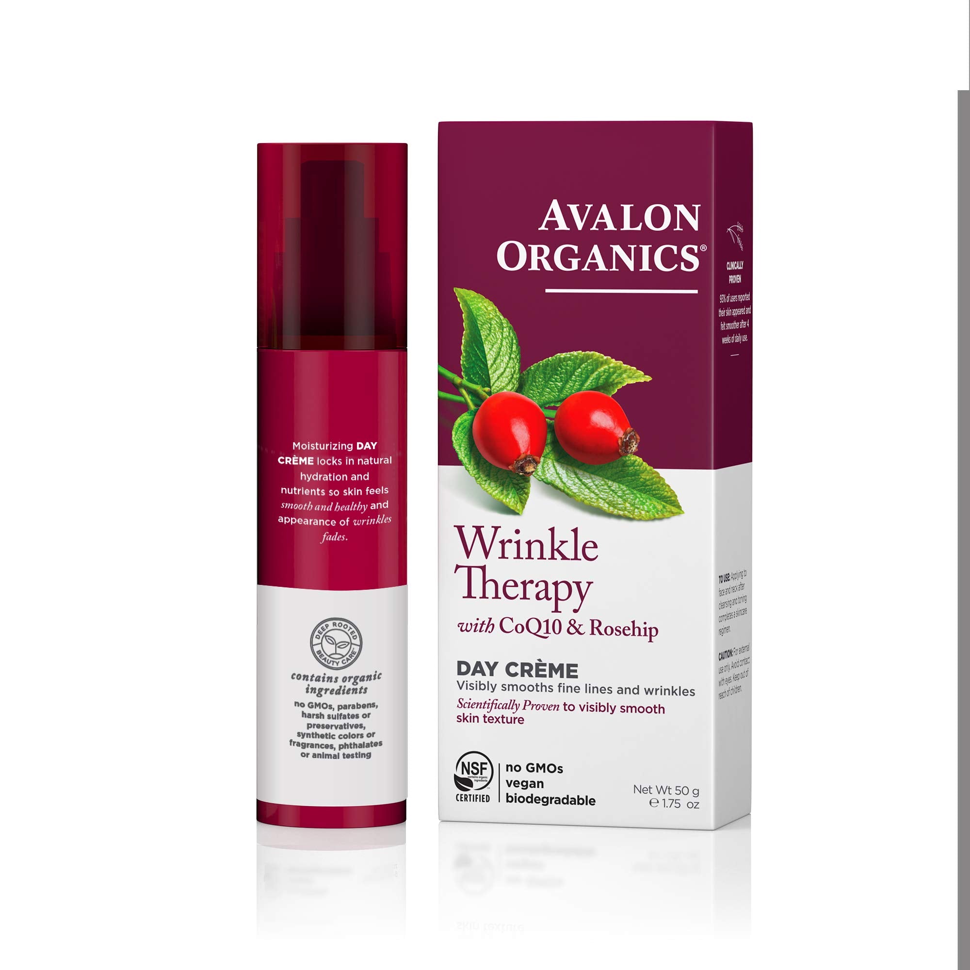 Rosehip oil and Co-Enzyme Q10 ingredients for lipids and antioxidants in Avalon Organics