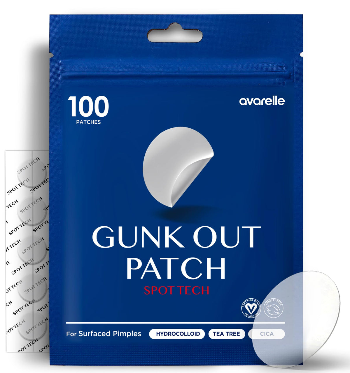 AVARELLE Gunk Out patches pack closeup, compact hydrocolloid solution for blemishes.