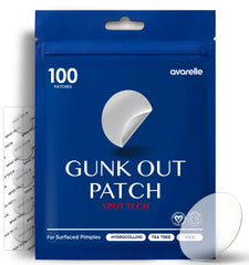 AVARELLE Gunk Out patches pack closeup, compact hydrocolloid solution for blemishes.