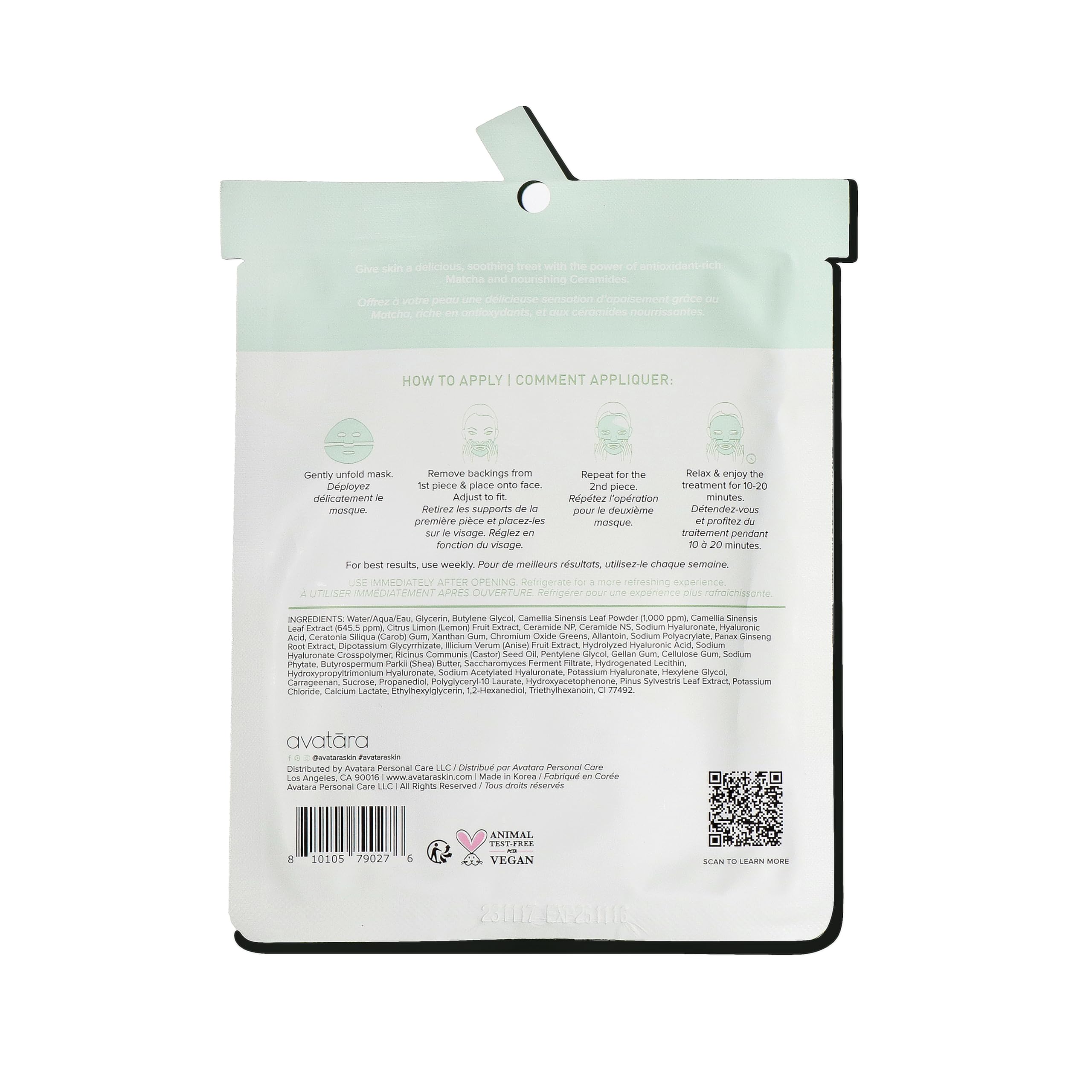Avatara Matcha Boba Mask hydrogel sheet ready for soothing facial care.