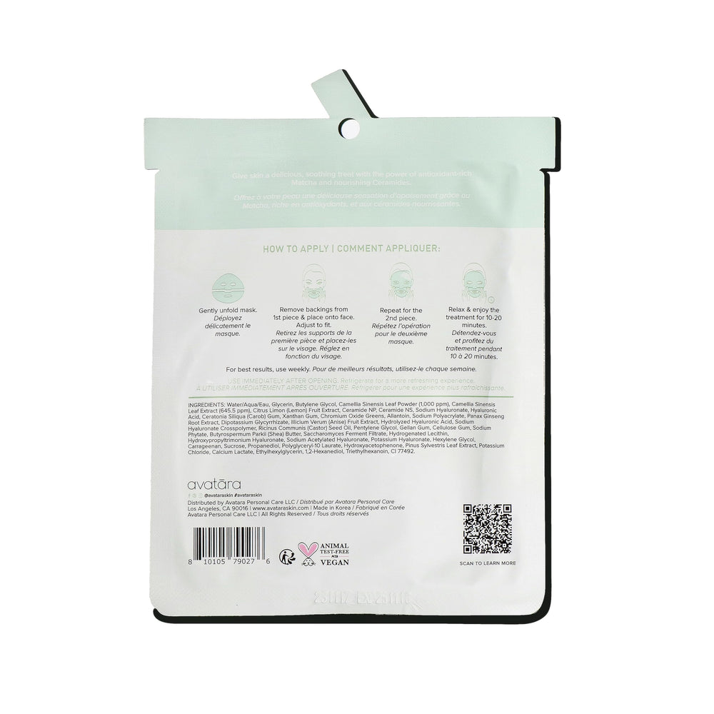 Avatara Matcha Boba Mask hydrogel sheet ready for soothing facial care.