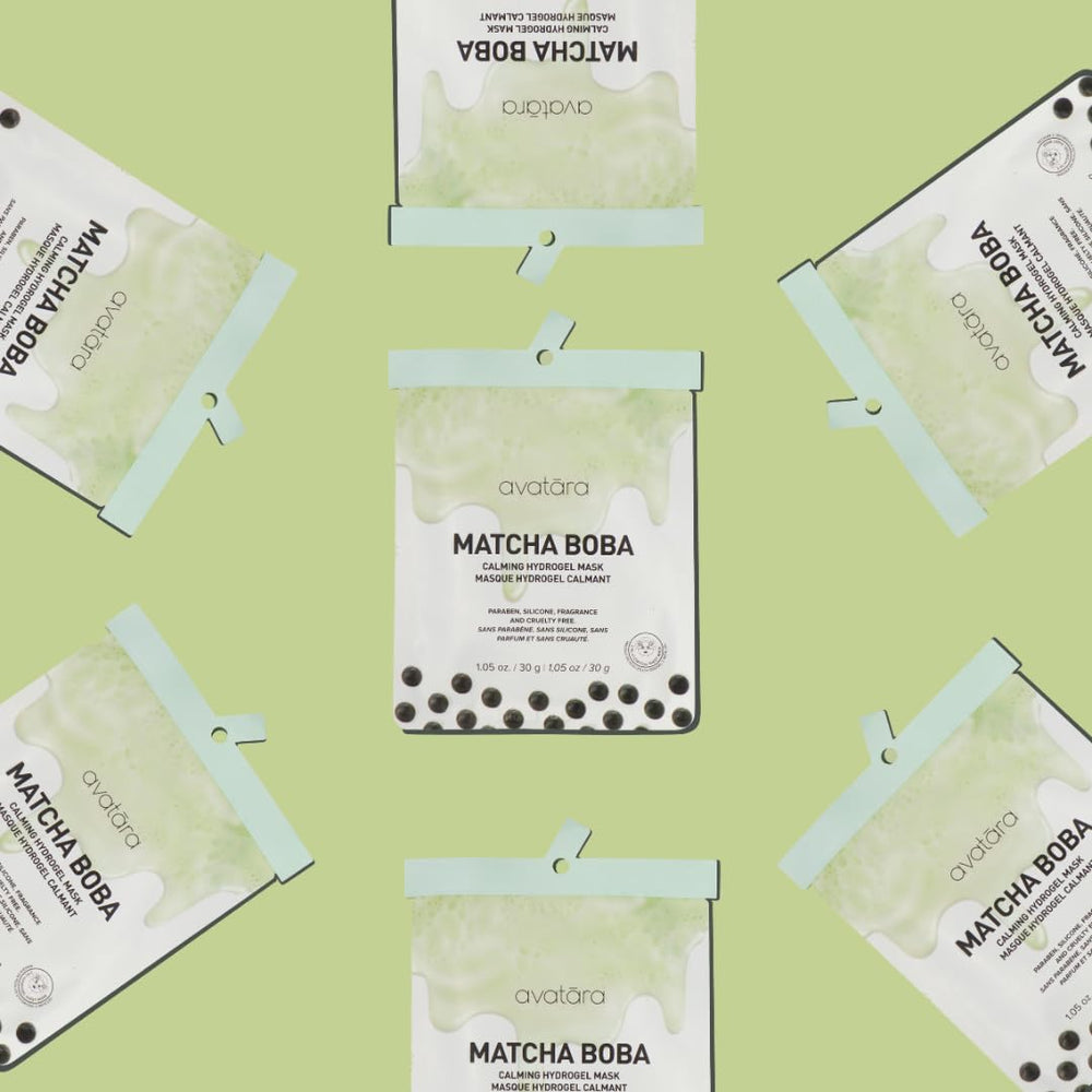 Avatara Matcha Boba Mask sheet-fit on a relaxed facial silhouette.