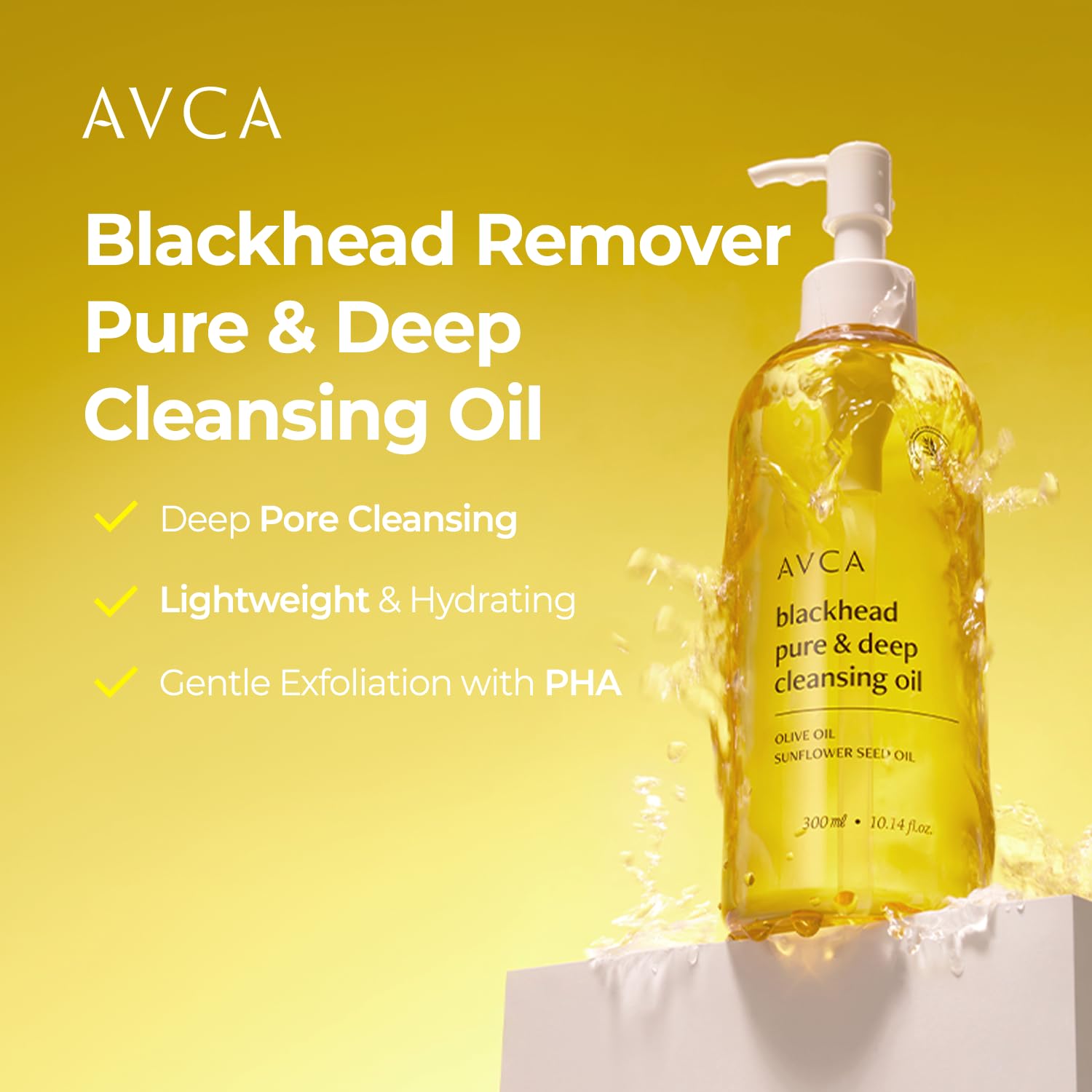 AVCA Blackhead Remover Cleansing Oil bottle sideview shows lightweight cleansing.