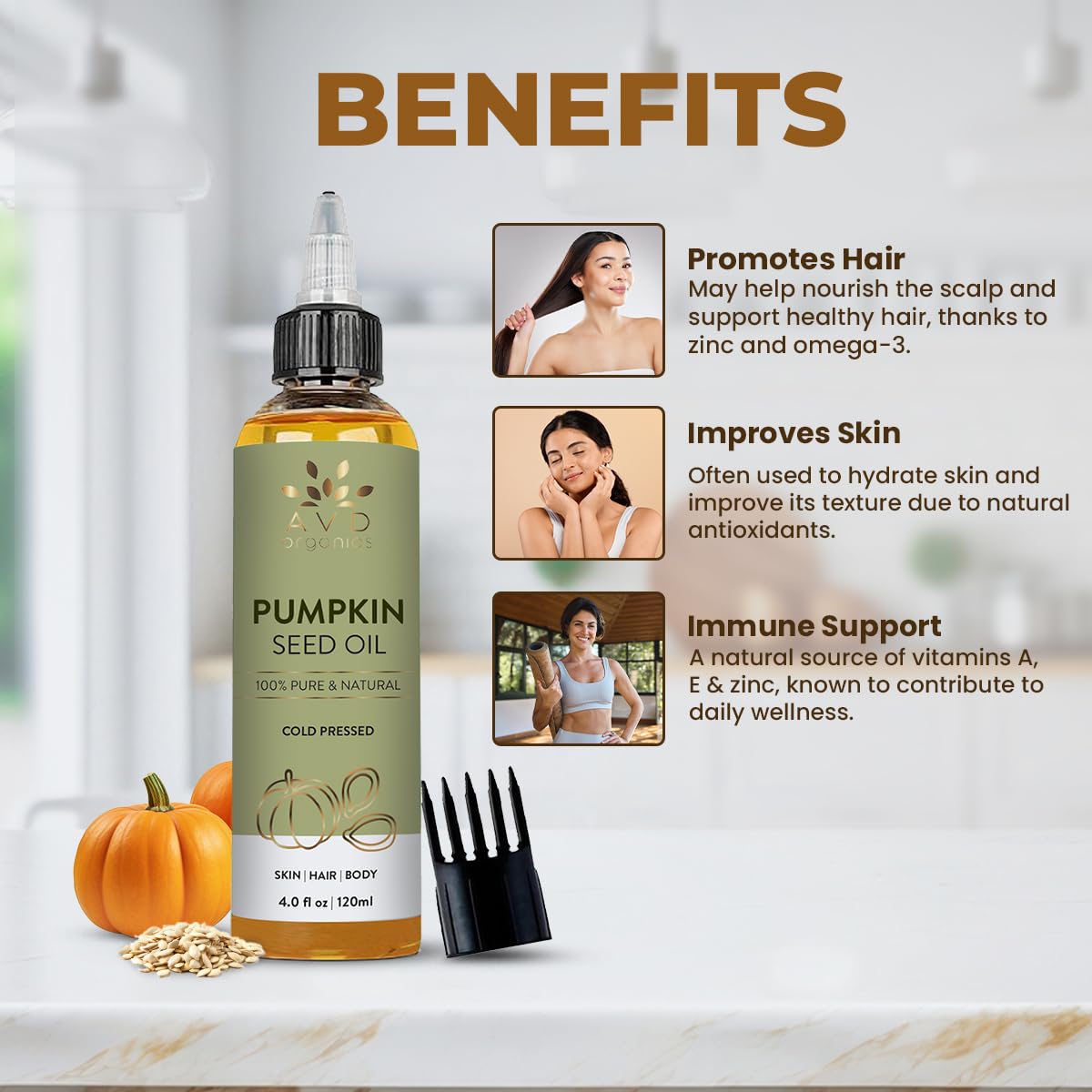 AVD ORGANICS label close-up highlighting cold-pressed purity and clear packaging benefit