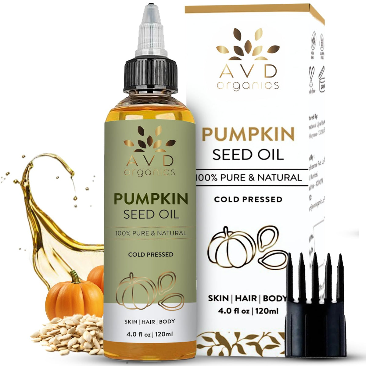 AVD ORGANICS front bottle showing 120ml pumpkin seed oil, promotes natural hydration