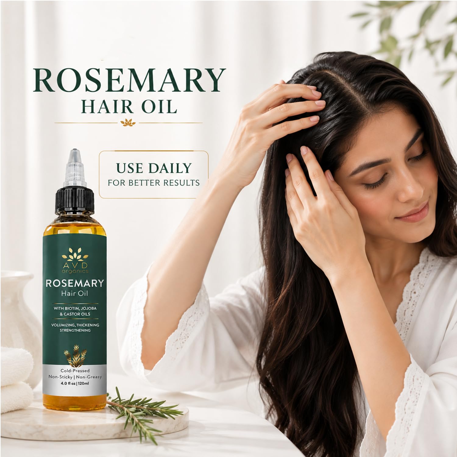 AVD ORGANICS bottle on bathroom shelf staged for daily routine and sustainable lifestyle