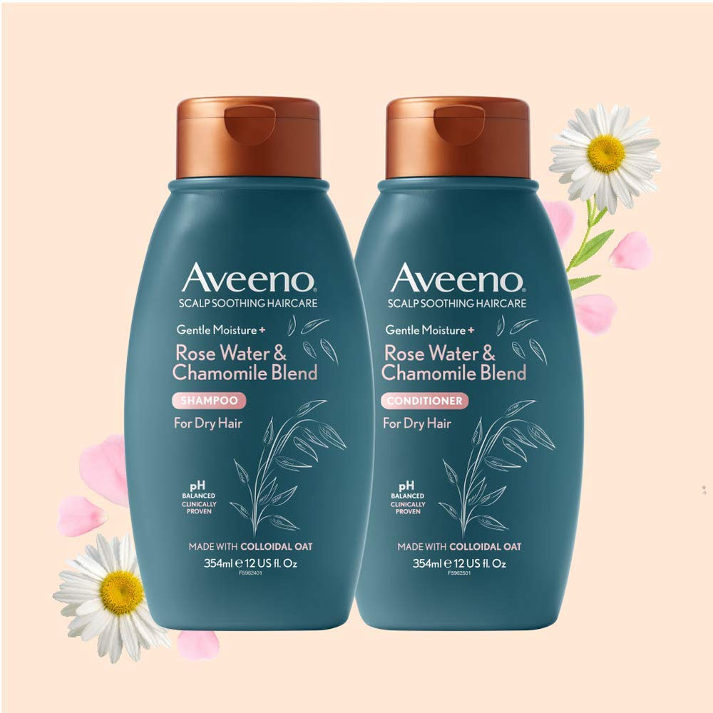 Aveeno 354ml packaging front communicates sensitive-skin-friendly, sulfate-free formula.