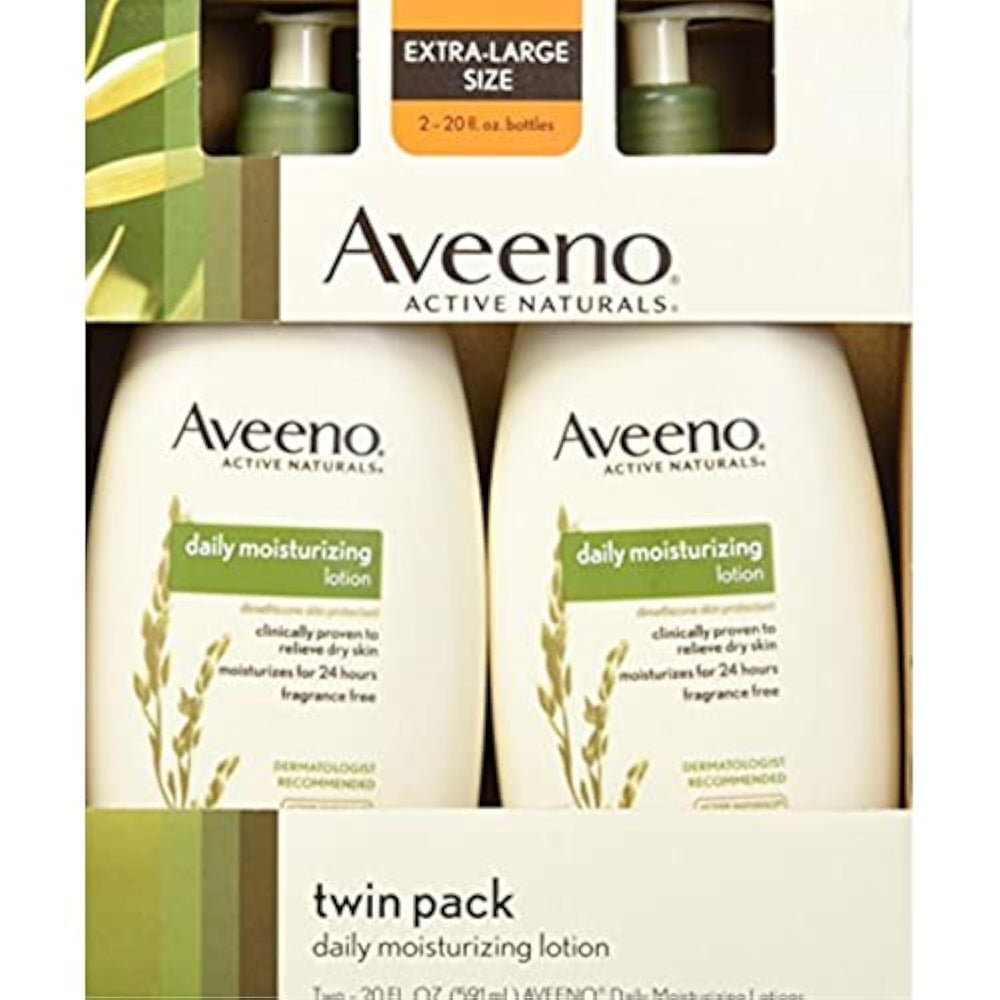 Aveeno Daily Moisturizing Lotion 2-pack pumps in bathroom, ideal for quick dry-skin hydration.