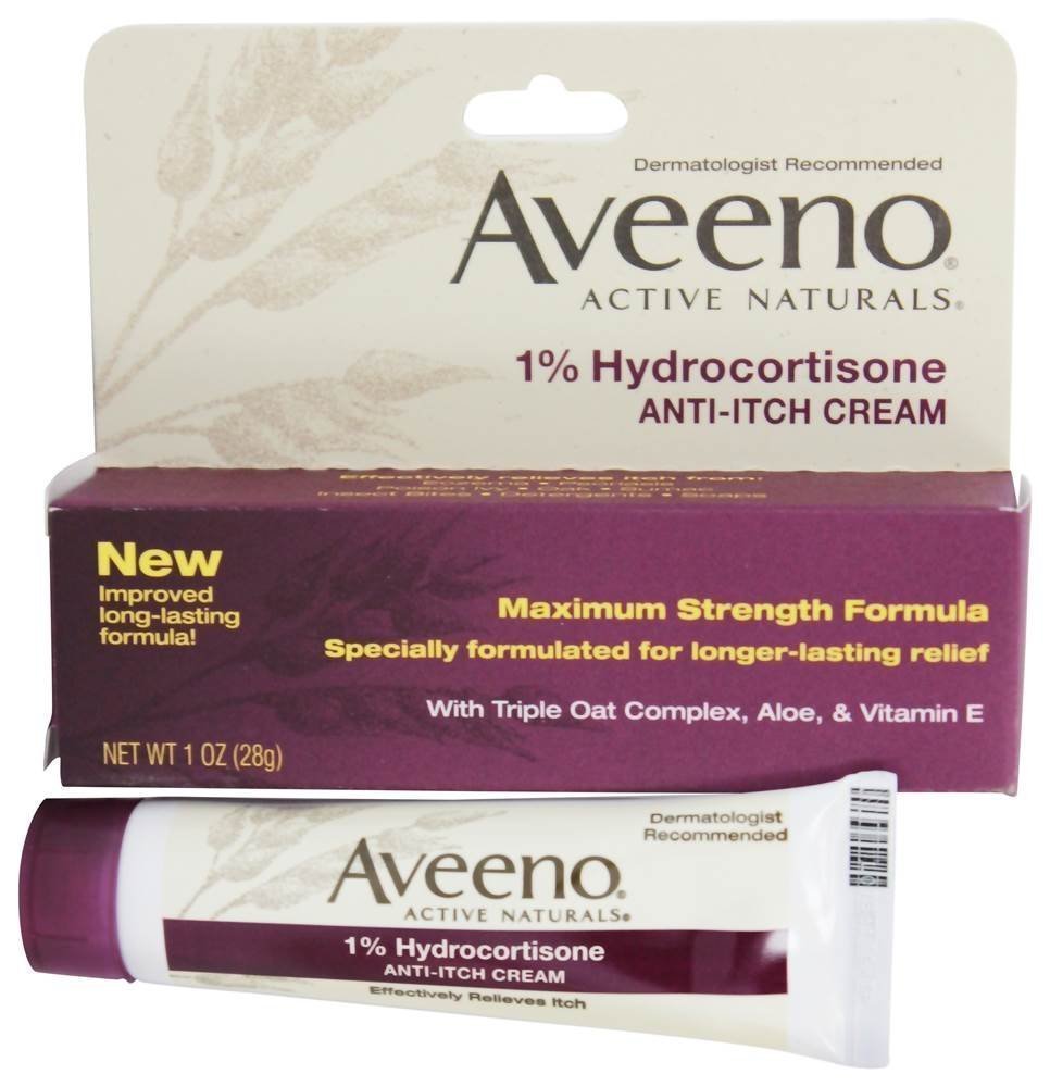 Aveeno anti-itch cream hydrocortisone image shows six 1-ounce tubes for temporary itch relief.