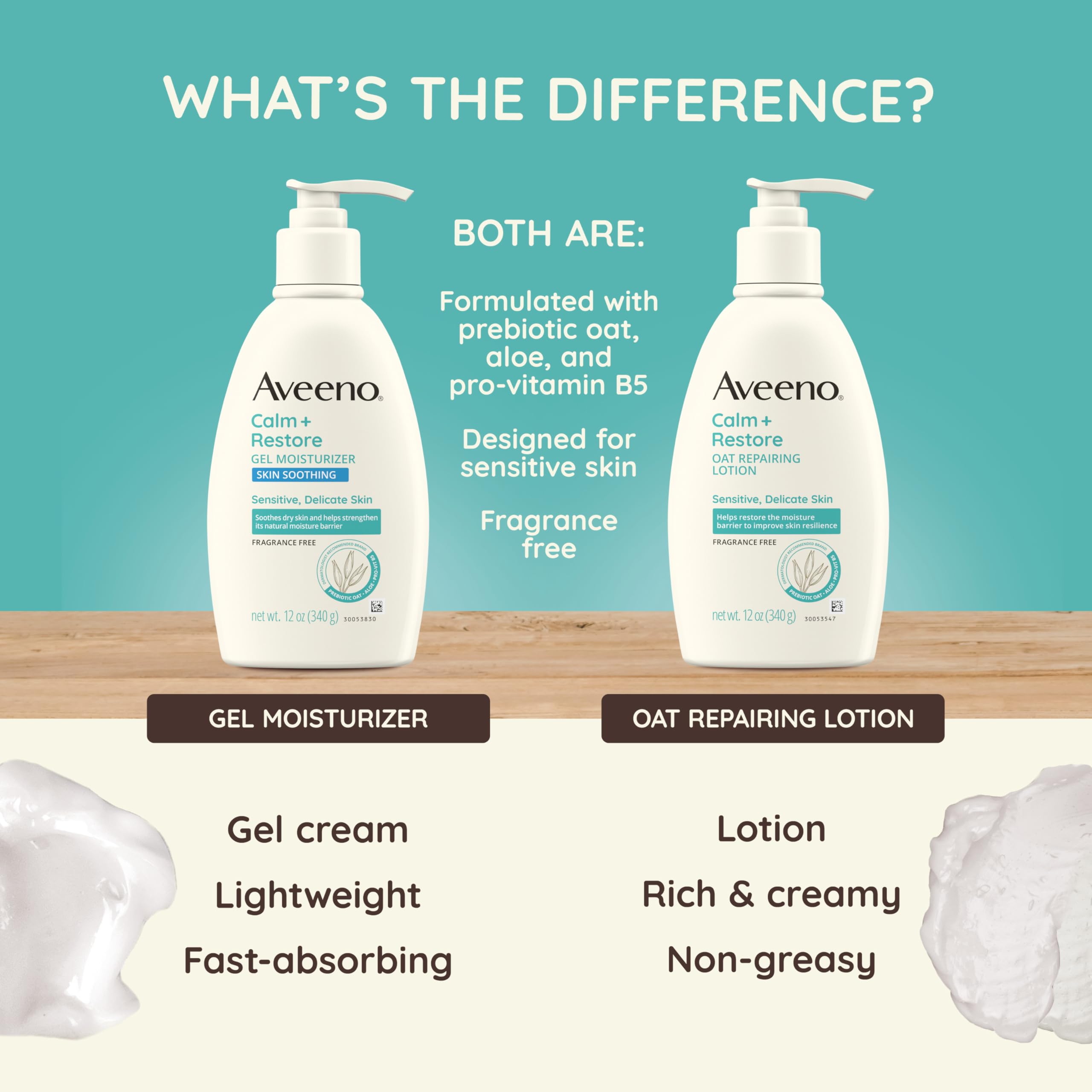 Aveeno Calm + Restore aloe leaf beside gel signals soothing hydration