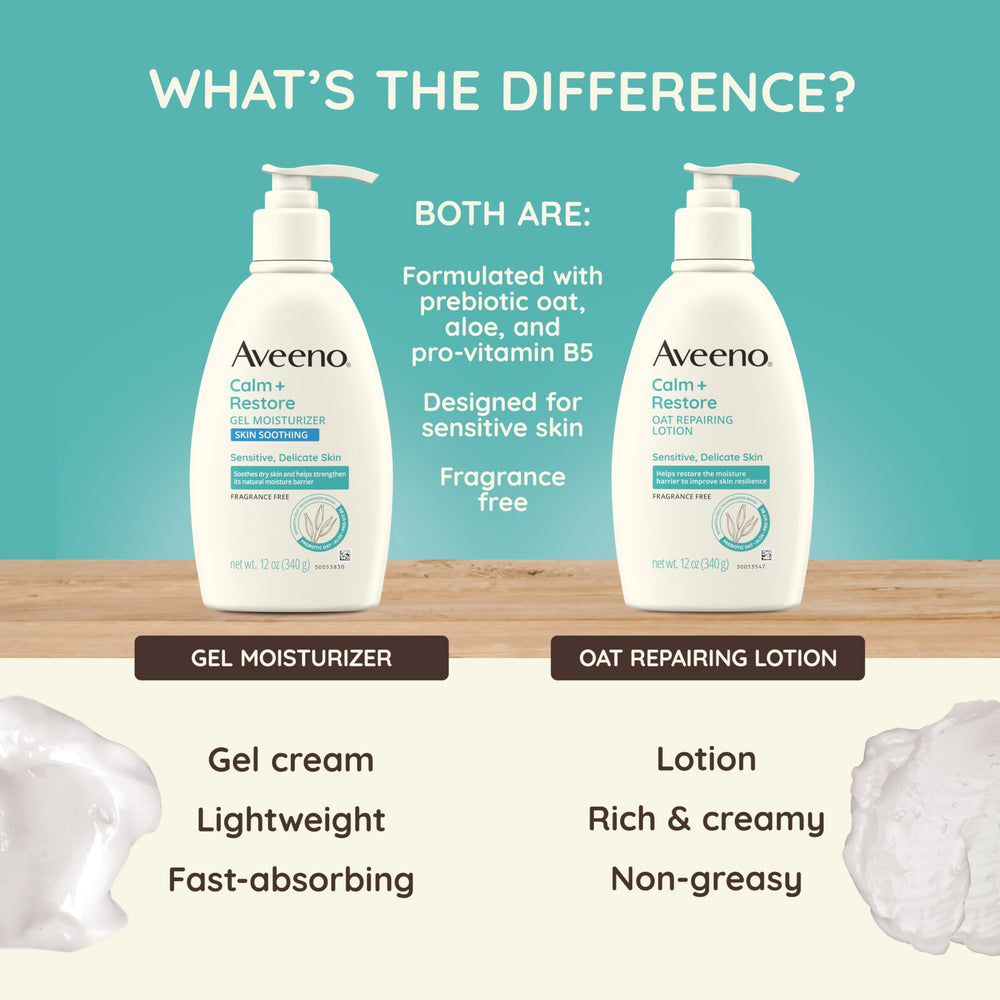 Aveeno Calm + Restore aloe leaf beside gel signals soothing hydration