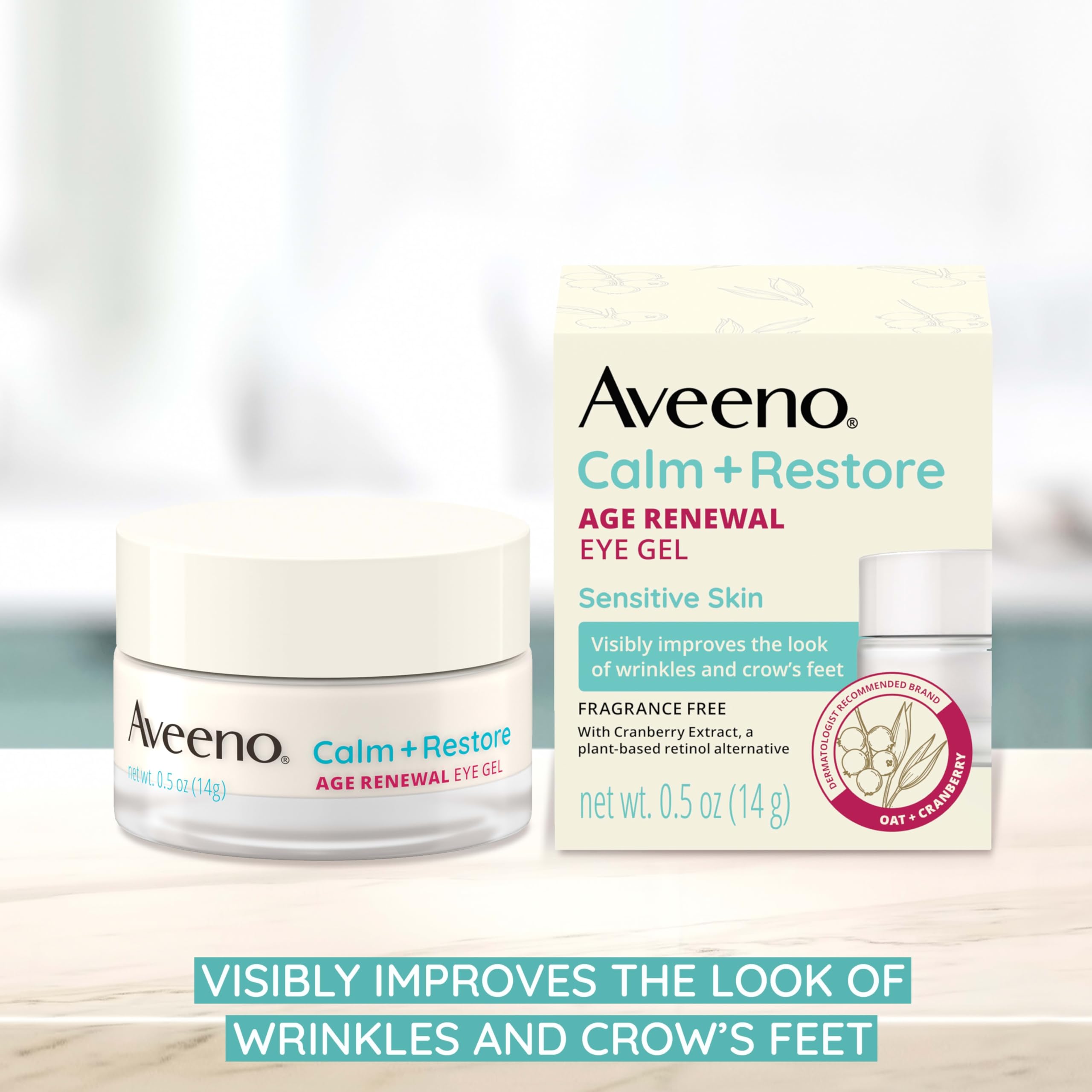 Aveeno Calm + Restore Eye Gel being applied around the eye area highlights daily anti-aging support.