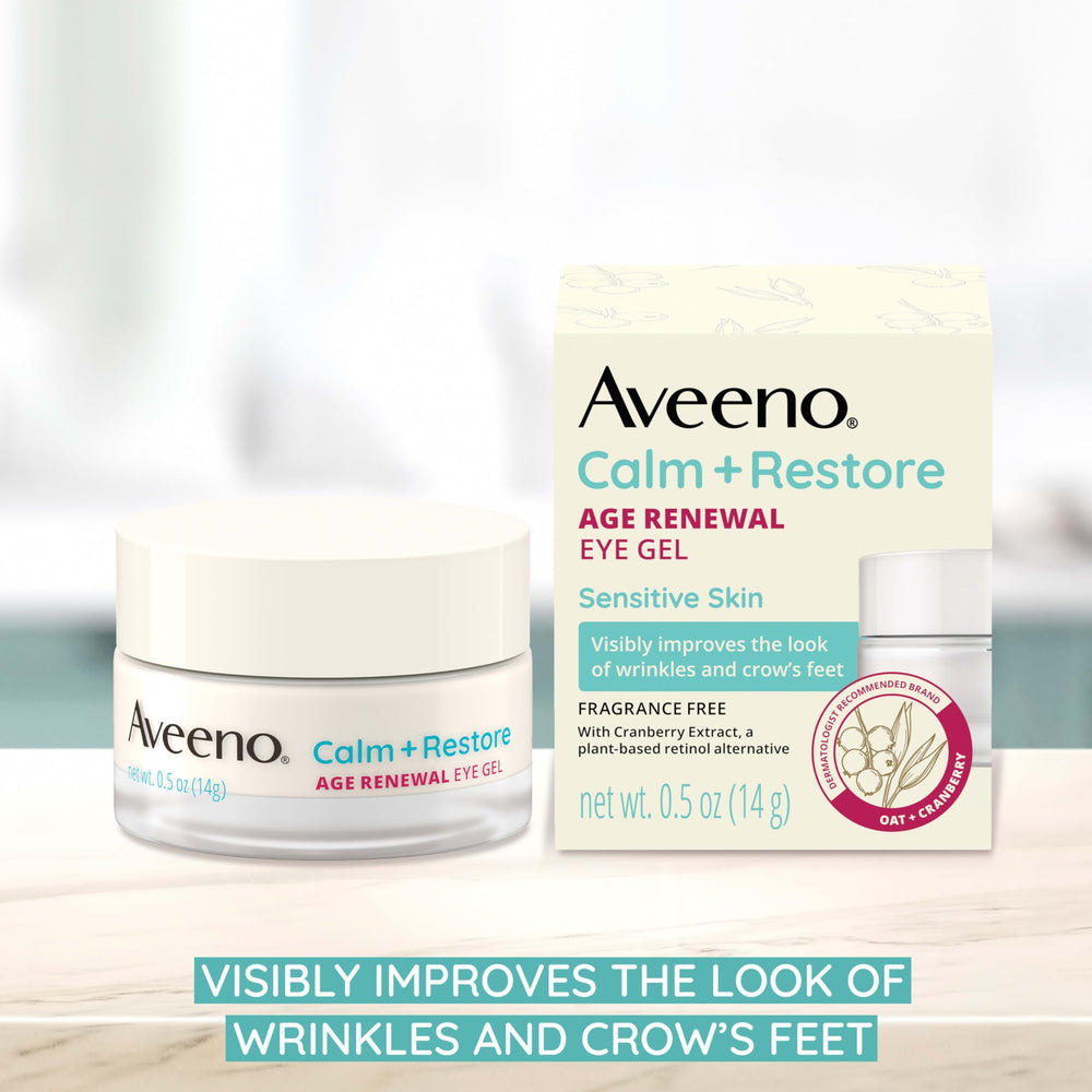 Aveeno Calm + Restore Eye Gel being applied around the eye area highlights daily anti-aging support.