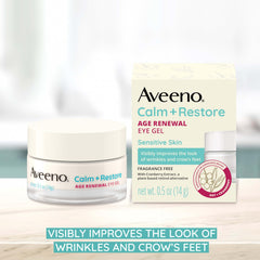 Aveeno Calm + Restore Eye Gel being applied around the eye area highlights daily anti-aging support.