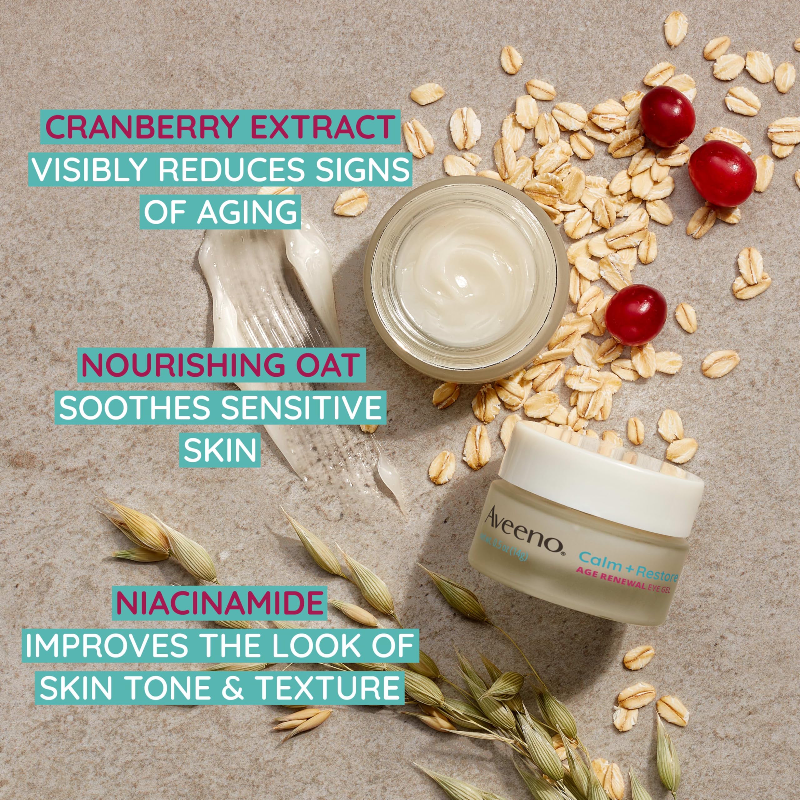 Aveeno Calm + Restore Eye Gel cranberry-oat ingredient panel emphasizes antioxidant oat and cranberry benefits.
